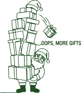 Santa claus carrying a tall stack of christmas presents with one gift falling off