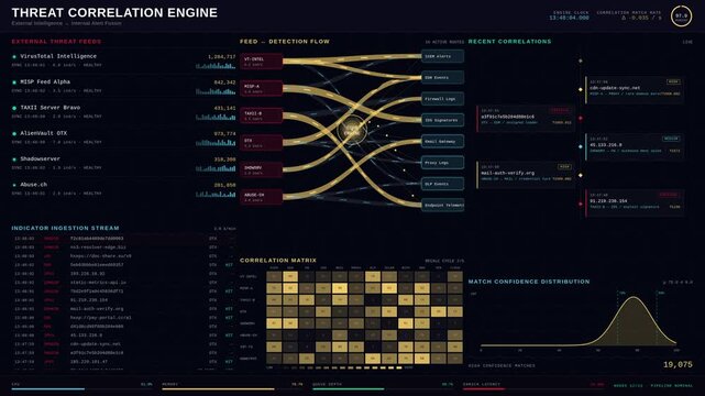 A sophisticated threat intelligence platform visualizes the correlation between external indicators and internal security alerts, showcasing live data analytics with vibrant colors and engaging.