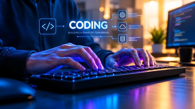 Immersed in the digital realm a focused programmer's hands typing code with glowing screens and futuristic visualizations surrounding them