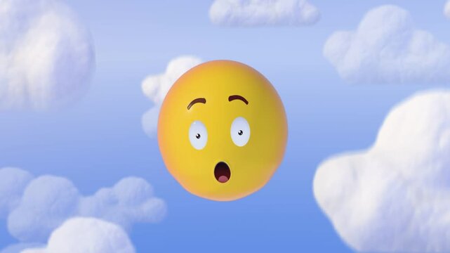 3D emoji waking up among clouds, falling in surprise and landing with a happy smile on a fluffy cloud