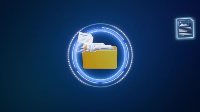 Folder icon with documents flying into a glowing blue circle, data storage concept, seamless loop