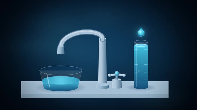 Tap pouring into water bowl beside glowing drop tube seamless loop