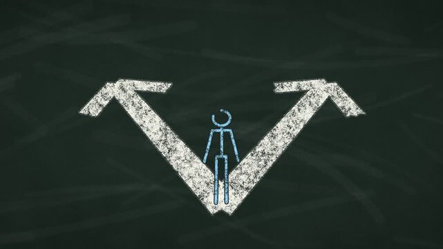 Chalkboard stick figure at a fork draws a new yellow path straight up as the two arrows get erased