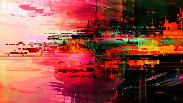 Abstract digital glitch animation with vivid red, orange, pink, and green distortion shifting across layered geometric forms and horizontal scan lines