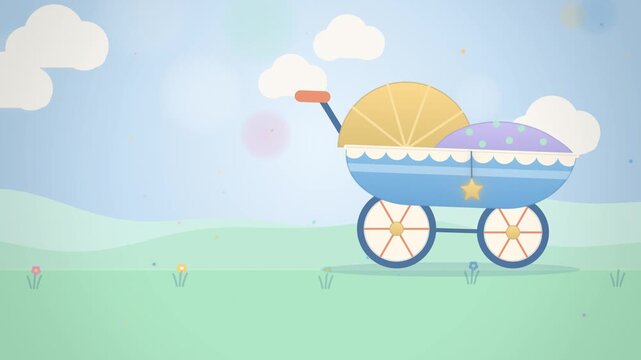 Baby pram rocking gently on a green meadow under a blue sky