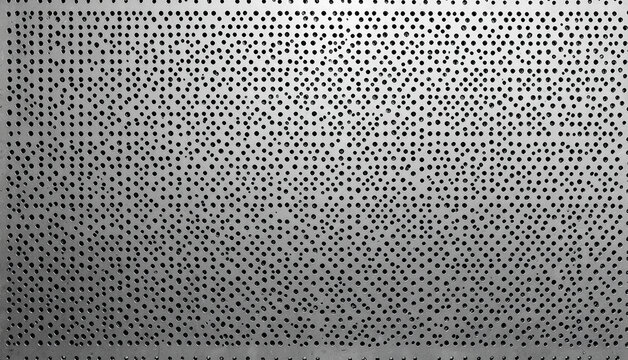 A grayscale, perforated metal panel displays a dense, repeating pattern of small holes. It creates a textured, abstract surface.