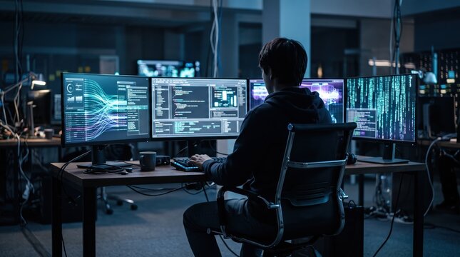 Programmer coding at multi-monitor workstation displaying complex algorithms and system logs, focused software development work in dimly lit server room or technology center