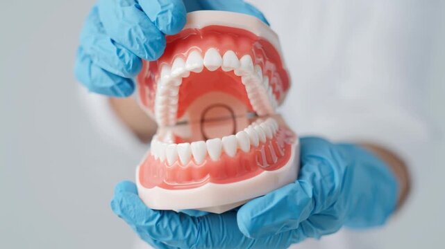 Dentist holding dental model for orthodontic treatment presentation