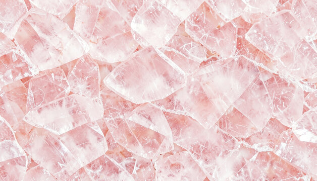 Pink rose quartz crystals form a textured, fractured surface. Light reflects off the stone's facets.