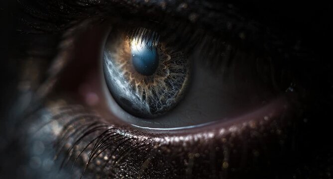 Close-up human eye with intricate iris details in low-light setting