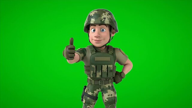 Cartoon Soldier Thumbs Up Green Screen - A stylized 3D cartoon soldier in camouflage uniform gives a thumbs up gesture against a vibrant green screen background.