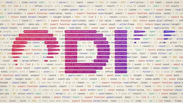 Kinetic typography where pink and purple letters spelling Coding emerge from a wall of source code