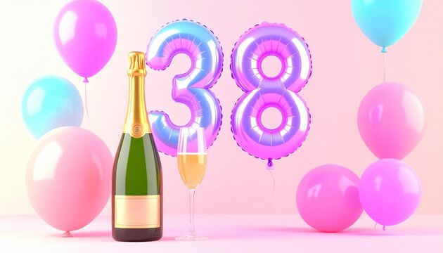 Birthday and Anniversary Celebration with Champagne and Number 38 Balloon