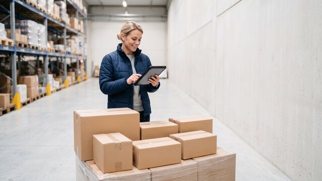 Attractive Female Logistics Coordinator Inputting Unloaded Pallet Data onto Tablet in Warehouse