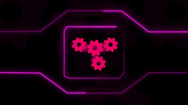 Mechanical gears animation turns within a technical screen frame. Industrial machine automation telemetry coordinates guide gears animation. Robotics facilities use gears.