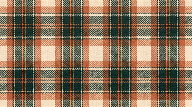Fall plaid pattern on woven fabric with green and orange tones