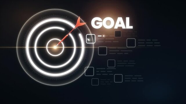 Target icon animation, arrow hits the bullseye beside the word Goal as checklist items get ticked off