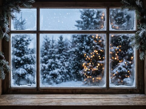 Cozy winter window view with snowy pine trees and warm glowing christmas lights