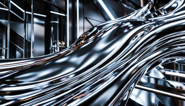 A sleek, chrome ribbon curves dramatically against a dark, reflective interior. Light refracts, creating a dynamic, futuristic scene.