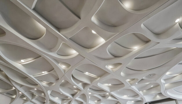 A textured ceiling displays intricate, curved patterns.  Light highlights the sculpted design.