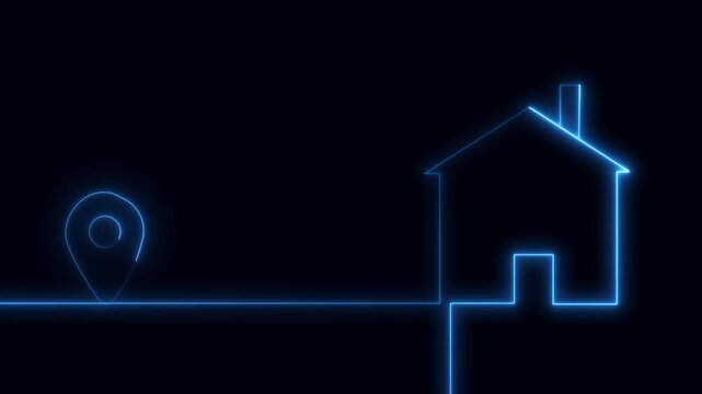 House icon animation connects directly to a destination pin. Real estate property waypoint routing coordinates guide house icon animation. Mapping services use icon.