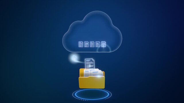 Cloud upload animation with documents flying from a yellow folder into a glowing cloud storage icon