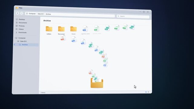 Tilted file manager window, archive folder spills files, then a search shows documents named final
