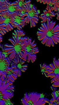 Abstract neon green and purple floral glitch with halftone dots and rgb split flickering on black background. Drops into a cyberpunk rave poster and electronic music video transition composition.