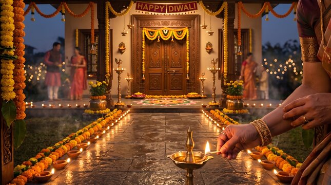 Hand lighting traditional diya lamp on garden pathway during deepawali festival with illuminated modern house entrance.