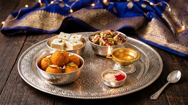 Diwali thali closeup, diya and sweets