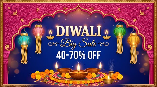 Diwali Big Sale Poster Design with 40-70% Discount Offer, Illuminated Oil Lamps (Diya) and Hanging Lanterns on Pink and Blue Mandala Pattern Background