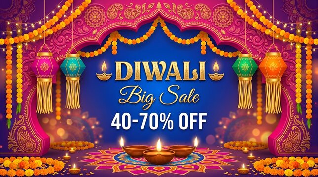 Diwali Big Sale Poster Design with 40-70% Discount Offer, Illuminated Oil Lamps (Diya) and Hanging Lanterns on Pink and Blue Mandala Pattern Background
