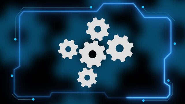 Interface frame animation incorporates turning industrial gears. Automated engineering telemetry monitoring routes on interface frame animation. Plant managers use frame.