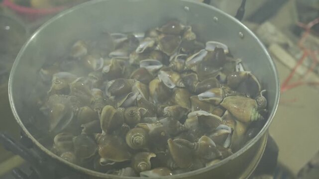 close up view to steamer full with Wing Shellor or Dog Conch while steaming ready to eat, local sounthern food style of Thailand in Phanga , Phuket area