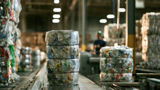 Recycling Facility Progress: Compressed bales of plastic and metal waste sit on conveyor belts within a bustling recycling facility, ready for processing.