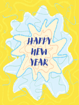 Hand lettered Happy New Year greeting on yellow and blue starburst