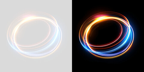Abstract light trails forming circular shapes on contrasting backgrounds, showcasing vibrant colors and dynamic movement in a visually striking design © newname02