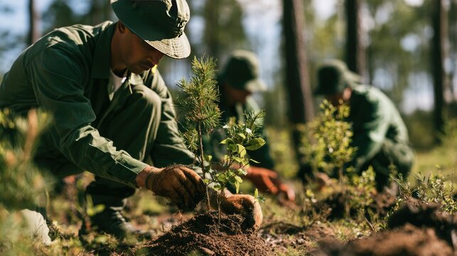 Reforestation Effort: A group of people in uniform planting young trees in a forest, dedicated to environmental conservation and reforestation.