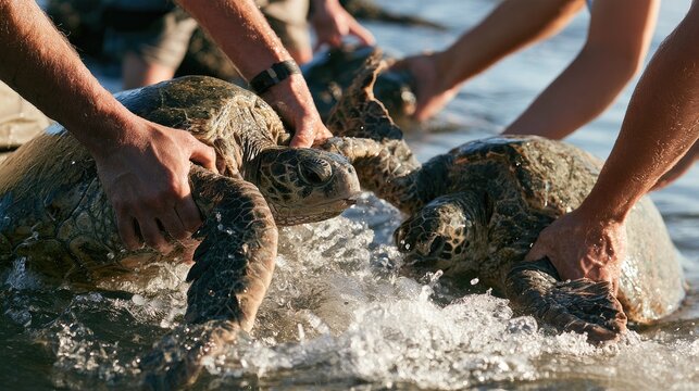 Turtle Rescue: A group of dedicated individuals carefully guides sea turtles back into the ocean, a heartwarming scene of conservation and care for marine life.