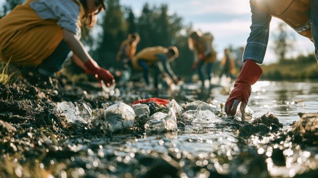 Volunteers Clean Up Riverbank: A group of dedicated volunteers in protective gloves and vests are actively cleaning a riverbank, removing litter and debris from the polluted water and shore.