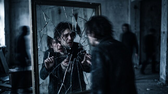 Young man looking into a broken mirror in a dark room
