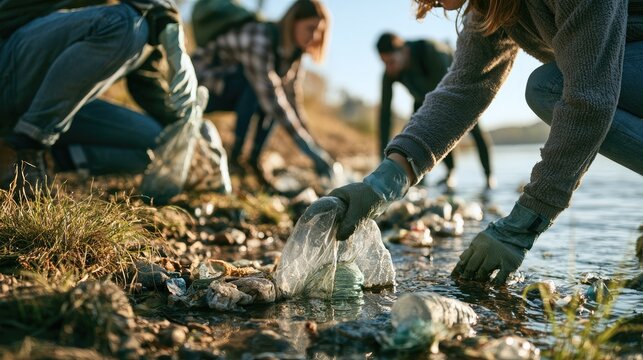 Community Cleanup Effort: A group of volunteers, equipped with gloves and bags, diligently cleans a shoreline, removing plastic waste and debris. Their hands reach into the water and along the bank.