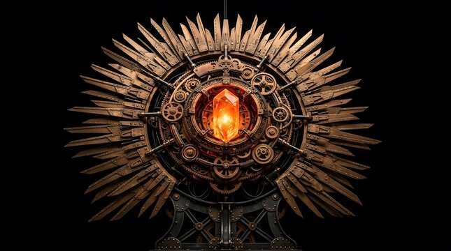 Steampunk style sun symbol made of gears and metal, with glowing orange crystal at center for power and energy concepts.