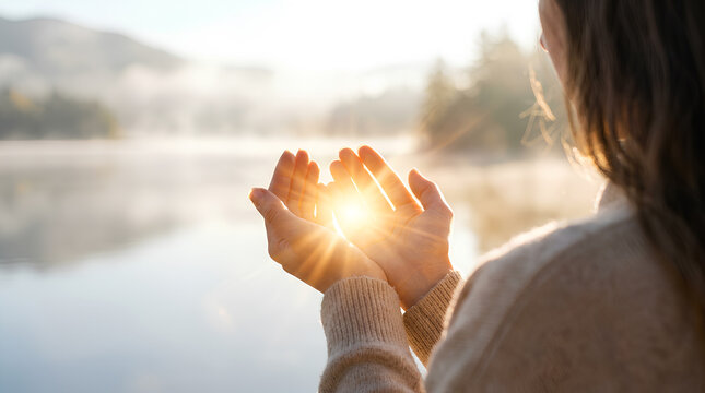 Rear view of a woman holding the warm morning sun in her hands during a peaceful sunrise by a misty water landscape, representing inner peace, spirituality, and connection with nature