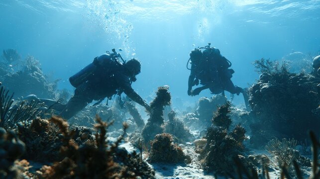 Scuba Divers Exploring Coral Reef: Two scuba divers explore a vibrant coral reef in crystal-clear blue water, surrounded by diverse marine life and underwater topography.