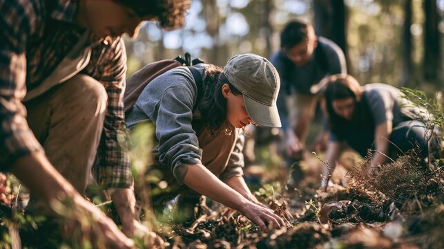 Community Planting Effort: A group of volunteers, diverse in age and background, engages in planting saplings in a forest setting, contributing to environmental conservation and reforestation.