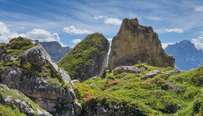 Naklejka premium Idyllic mountain landscape in the Alps with blooming meadows, Alpe di Cisles, Seceda Ridgeline, Dolomiti , Pieralongia, Col Raiser