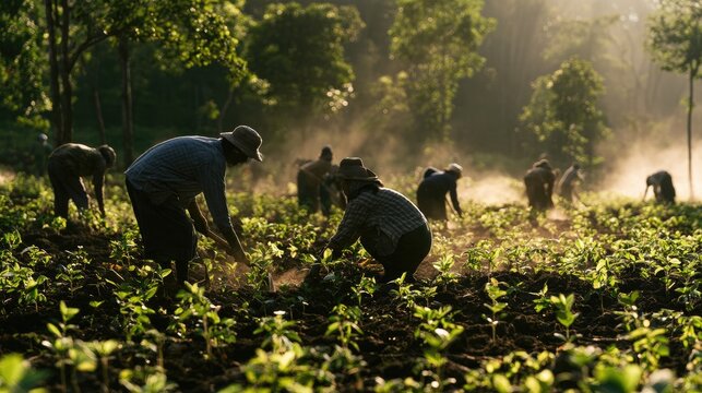 Rural Harvest: Farmers toil under the golden morning sun, tending to a field of lush green crops, a testament to hard work and the bounty of the earth.