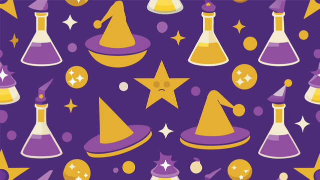 Magic seamless pattern with witch potions and wizard hats on a purple background seamless background halloween mystical illustration wallpaper wrapping abstract creative backdrop download
