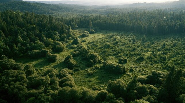 Lush Forest Landscape: An aerial view captures the dense green canopy of a vast forest, interspersed with clearings and rolling hills, stretching towards a hazy horizon under a soft sky.